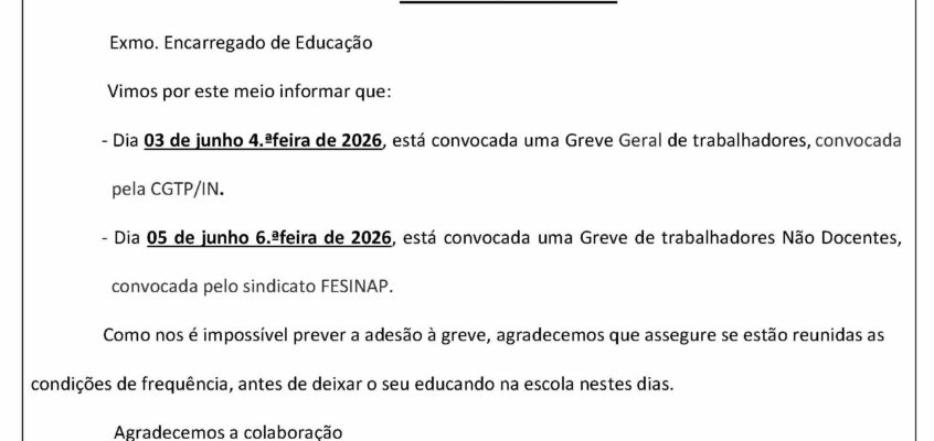 Pré-Aviso de Greve | 3 e 5 de junho